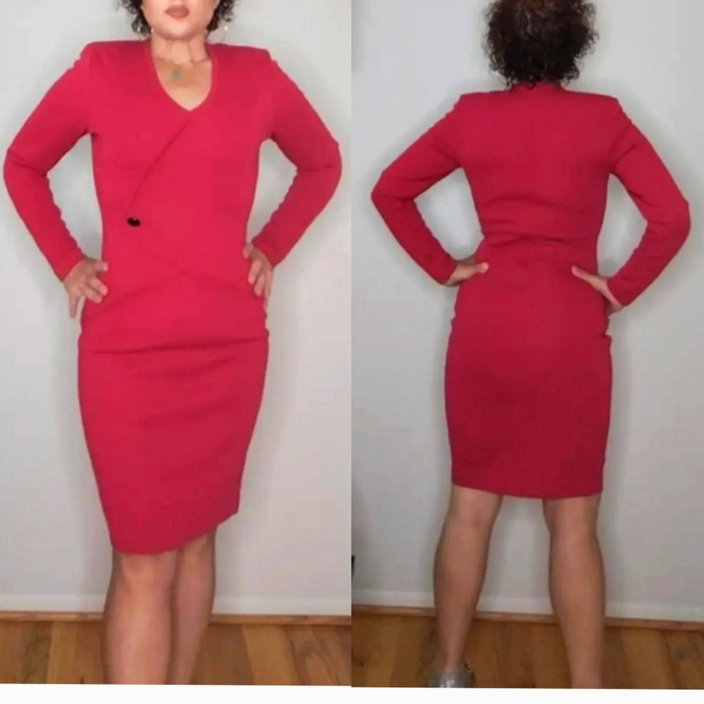 Vintage 80s Outlander 100% Wool Dress Magenta Pink Asymmetrical Shoulder Pads S
